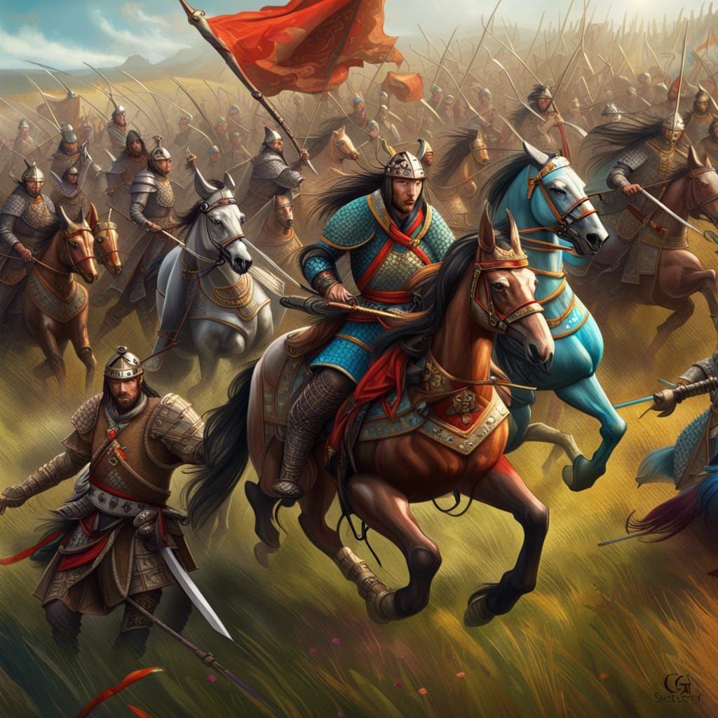 Mongol Horde Charging into Battle: Hyperrealistic Splash Art