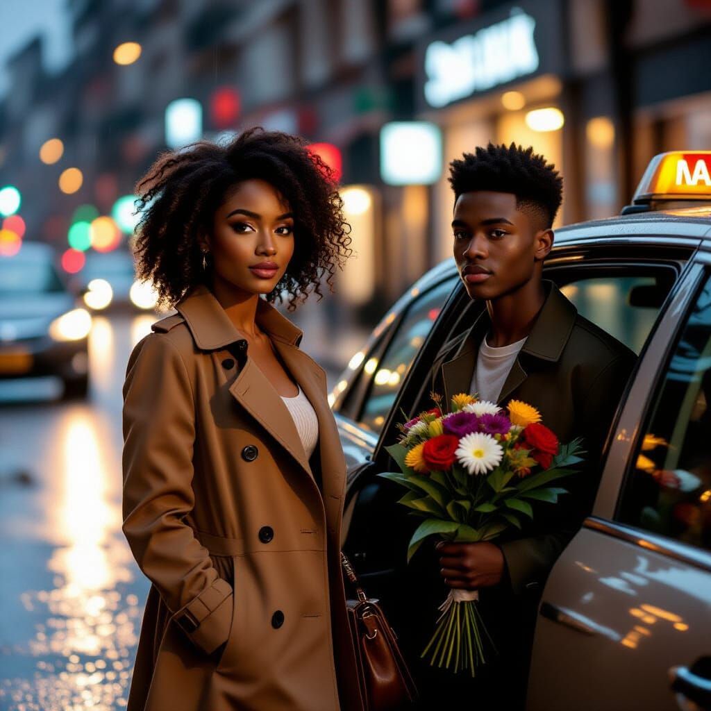 African Woman Exits Taxi in Gentle Rain
