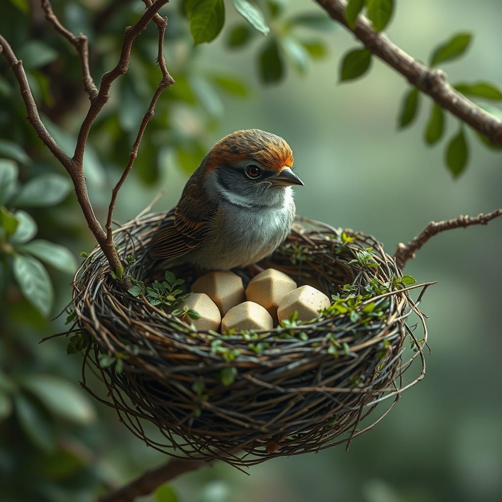 Square Bird in Hyperrealistic Birds Nest with Eggs