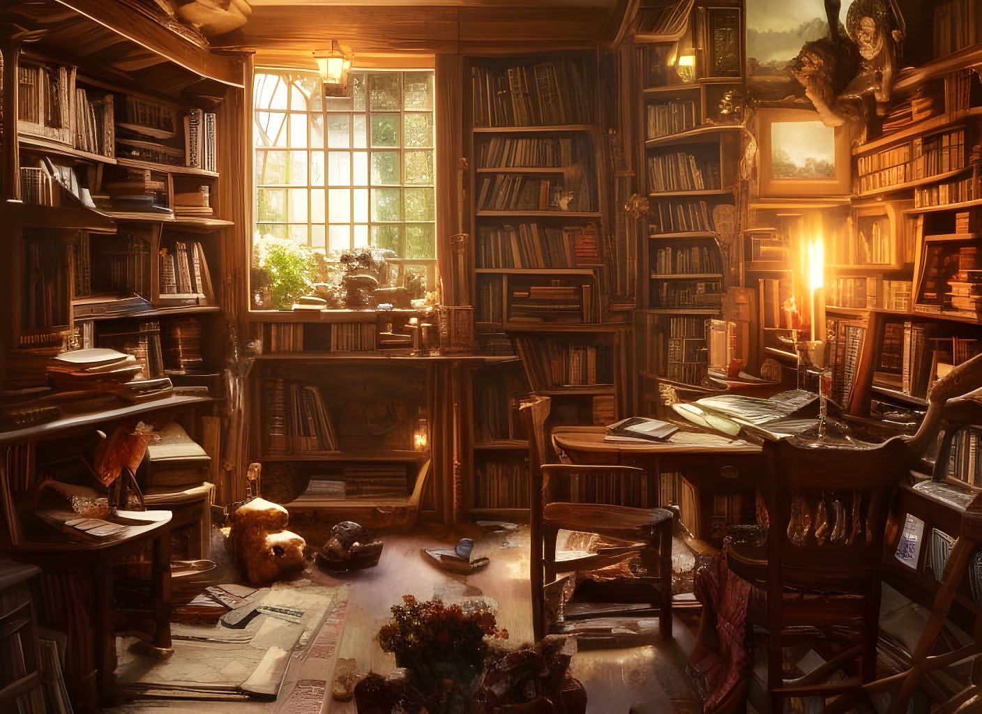Cozy Cottage Library Interior: Detailed Oil Painting