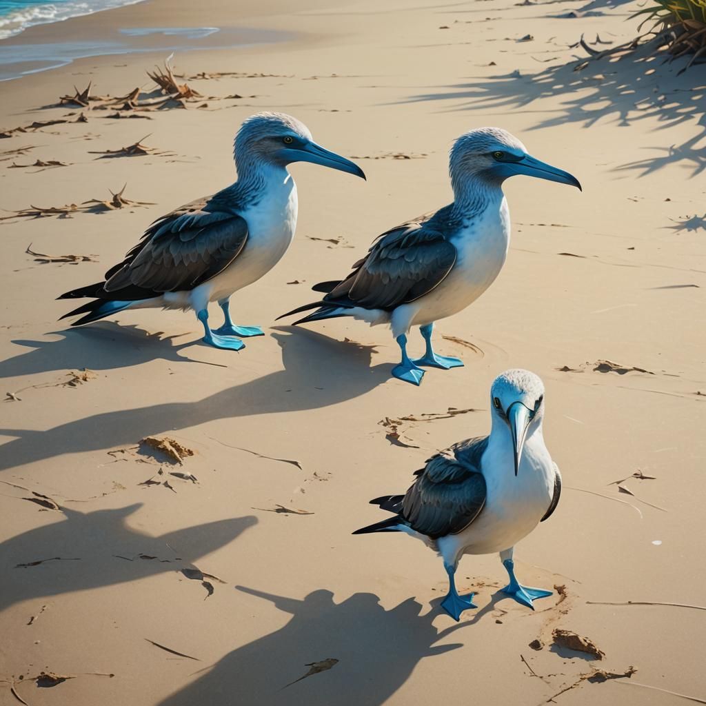 Blue-Footed Boobies on Sandy Beach: Digital Illustration