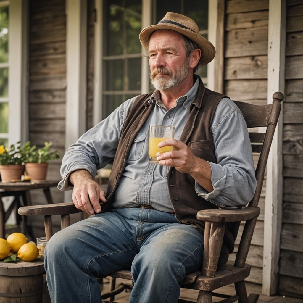 Tired Farmer Relaxing on Farmhouse Porch