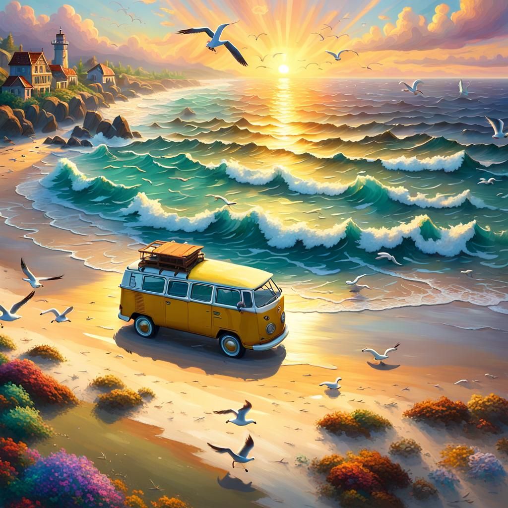 Dreamy Beach Scene with Yellow VW Van