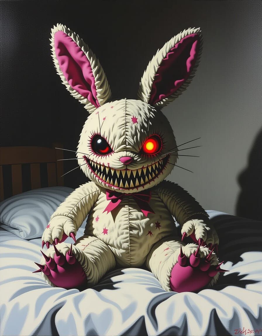Horror Bunny Toy Crouching on Bed in Dark Room