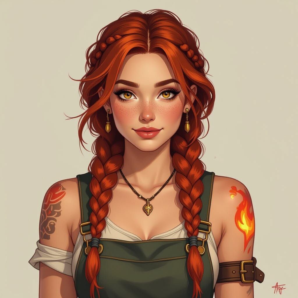 Copper-Haired Blacksmith with Flame Tattoo, Industrial Atmos...
