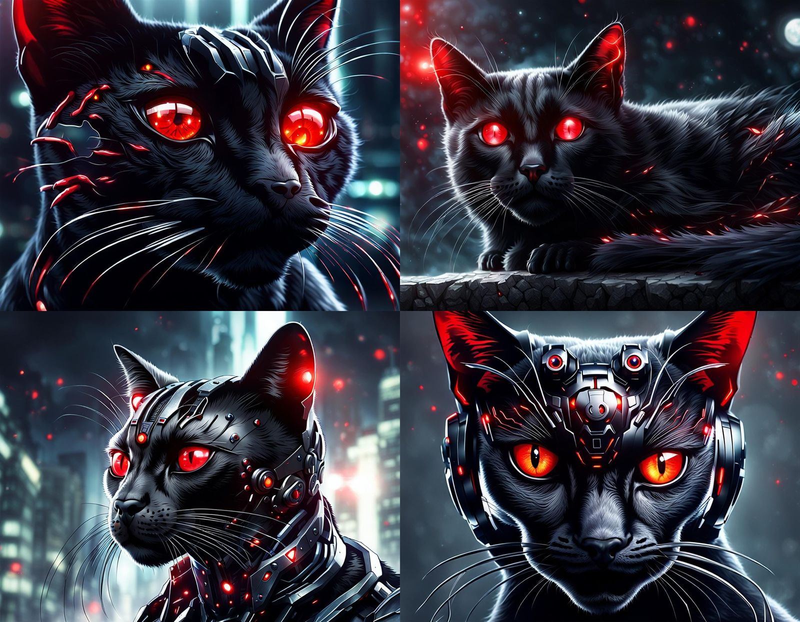 Cybernetic Black Cat with Red Eyes: Ultra Realistic