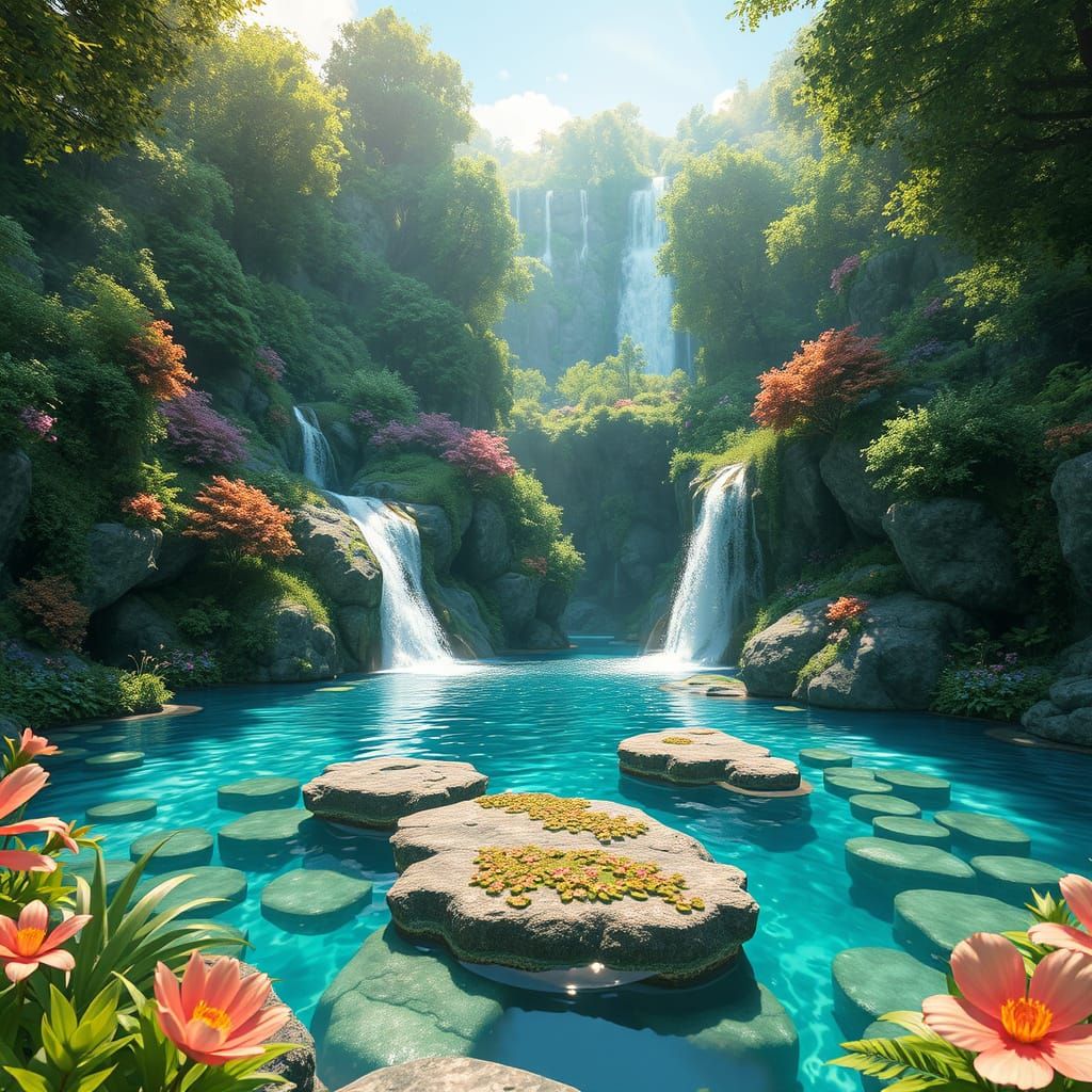 Waterfall Rainbow Landscape in 3D Anime Art Style