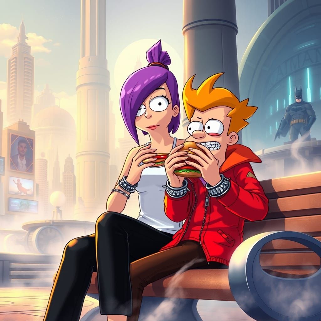 Leela and Fry in Dreamlike Cityscape