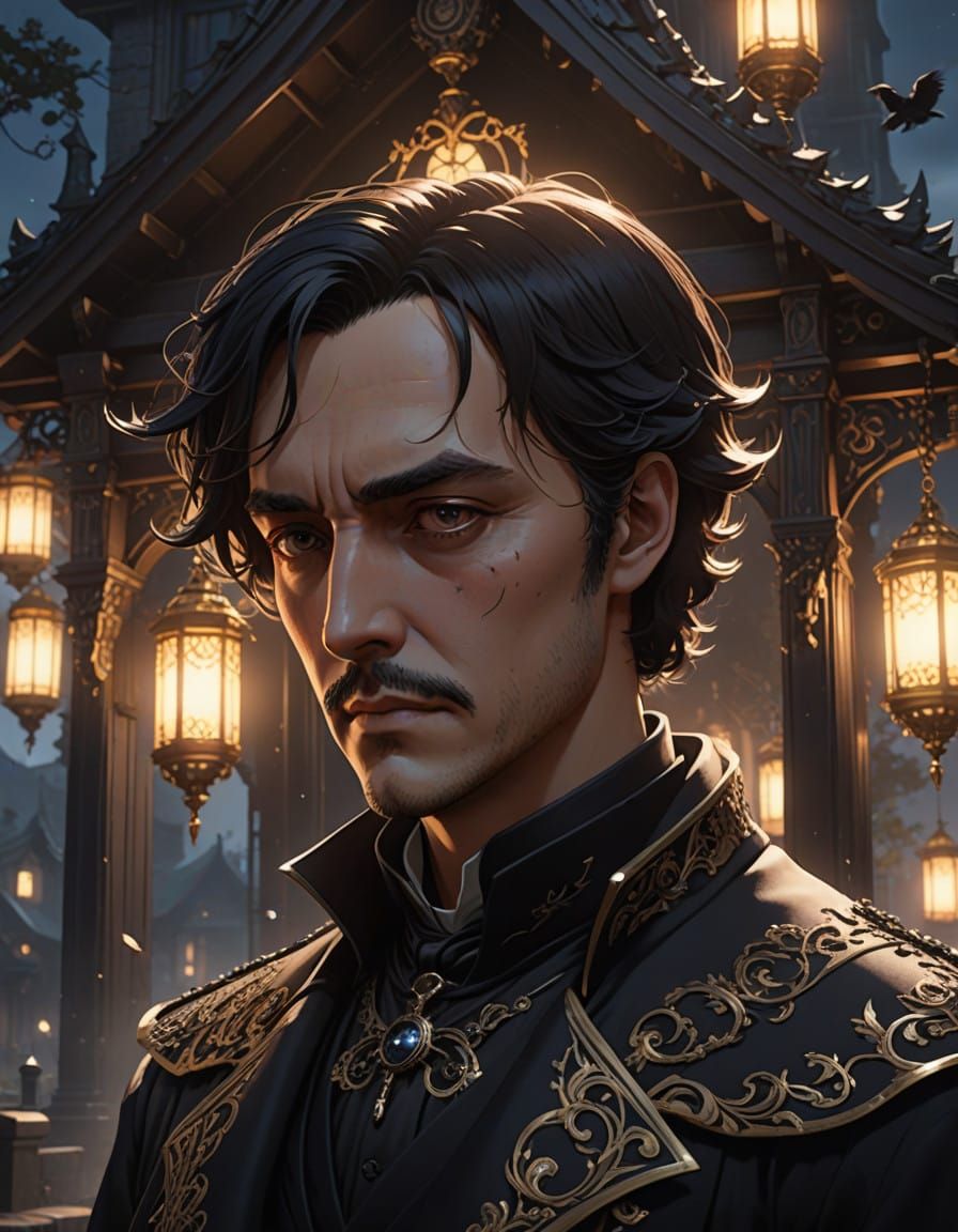 Mysterious Poe-Inspired Figure with Crow, in Victorian-Era A...