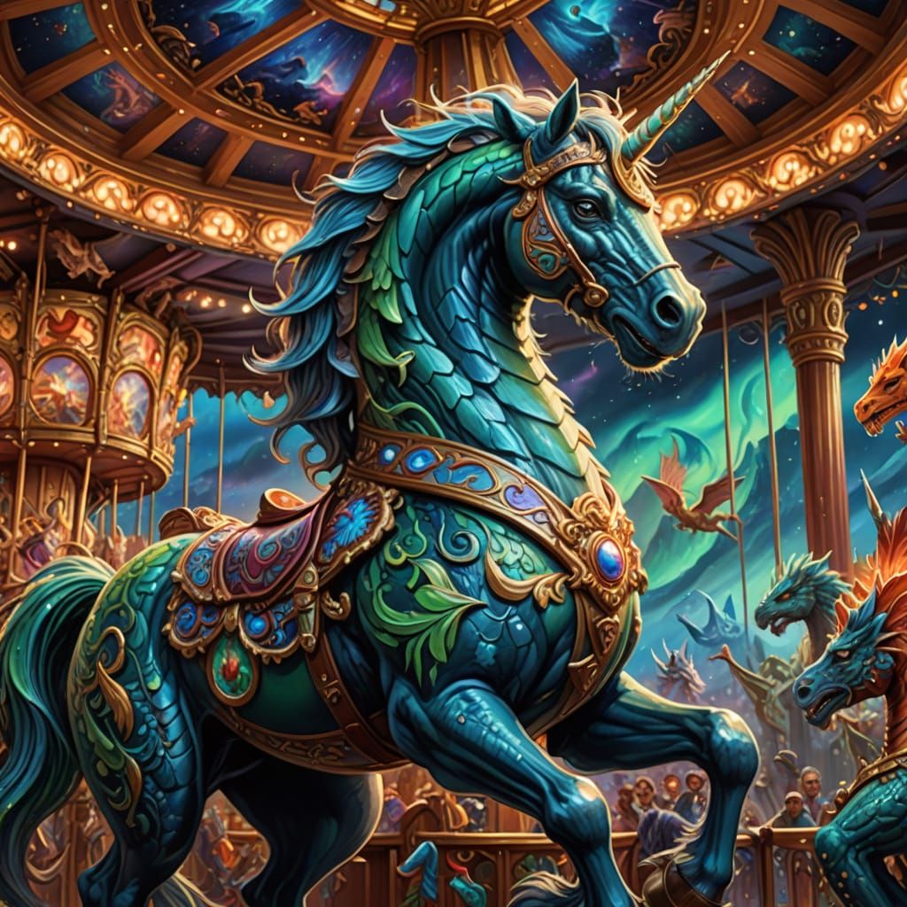 Mythic Creatures on Cruise Ship Carousel in Oil Painting Sty...