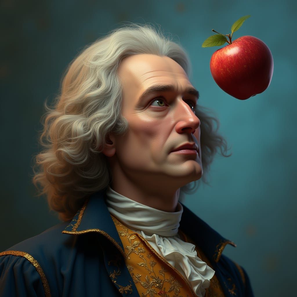 Historical Figure Surprised by Falling Apple in 17th-Century...