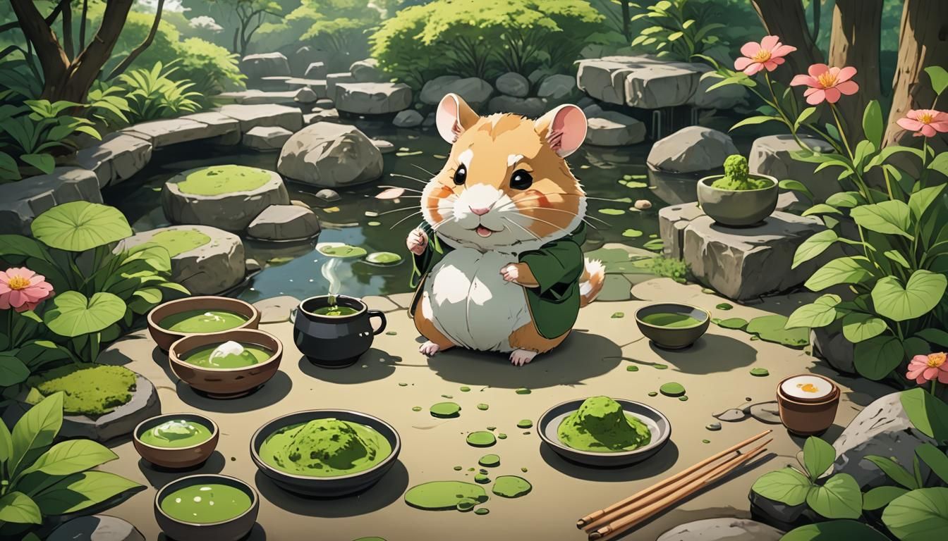 Matcha Tea Hamster in Japanese Garden: Manga Style