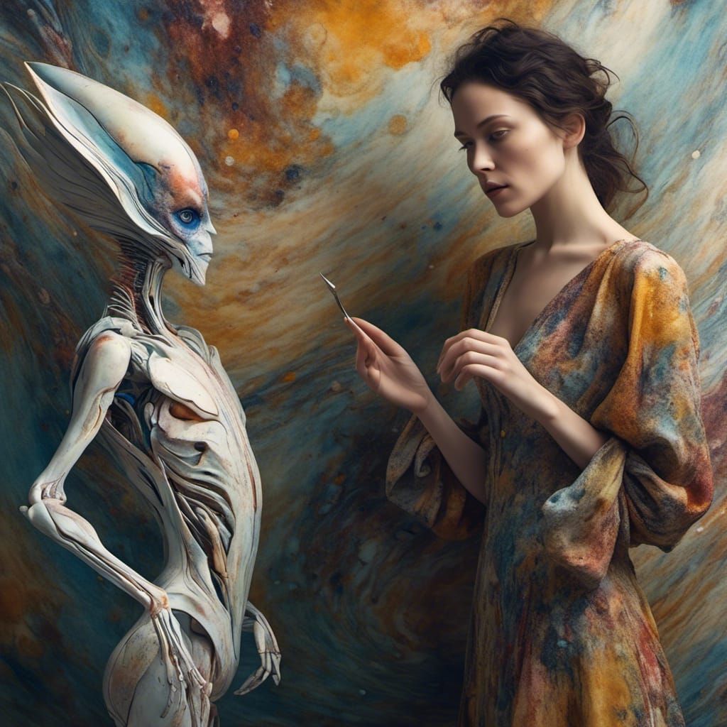 Beautiful Alien at Table in Polychromatic Style