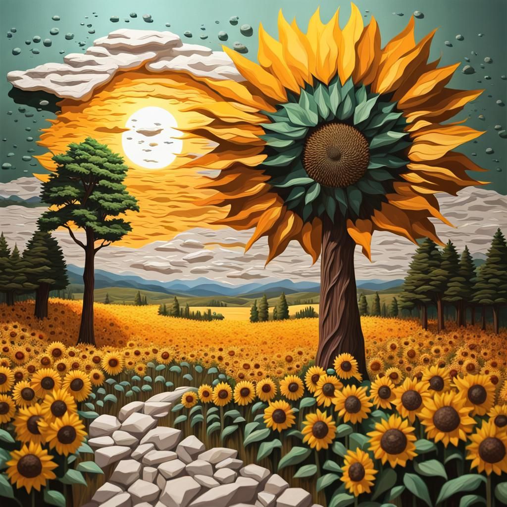 paper art, trees, stone, sunflower field