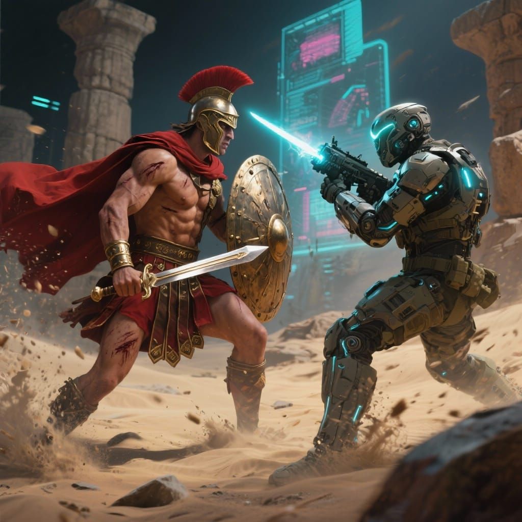 Gladiator vs Futuristic Soldier in Epic Sci-Fi Art