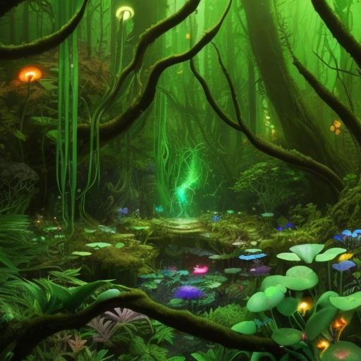 Lush Biopunk Forest with Cyborgs and Animals