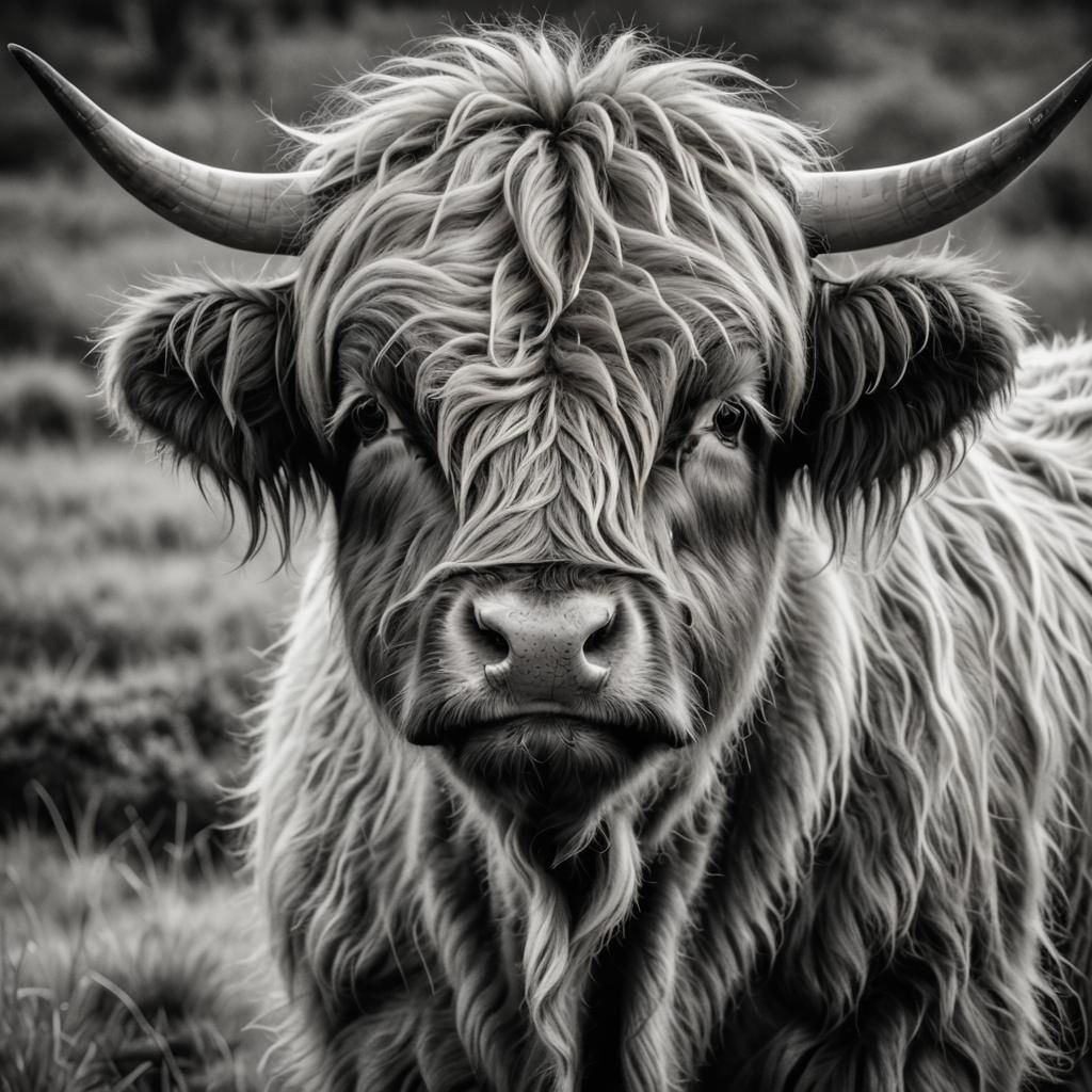 Monochrome Portrait of a Highland Cow