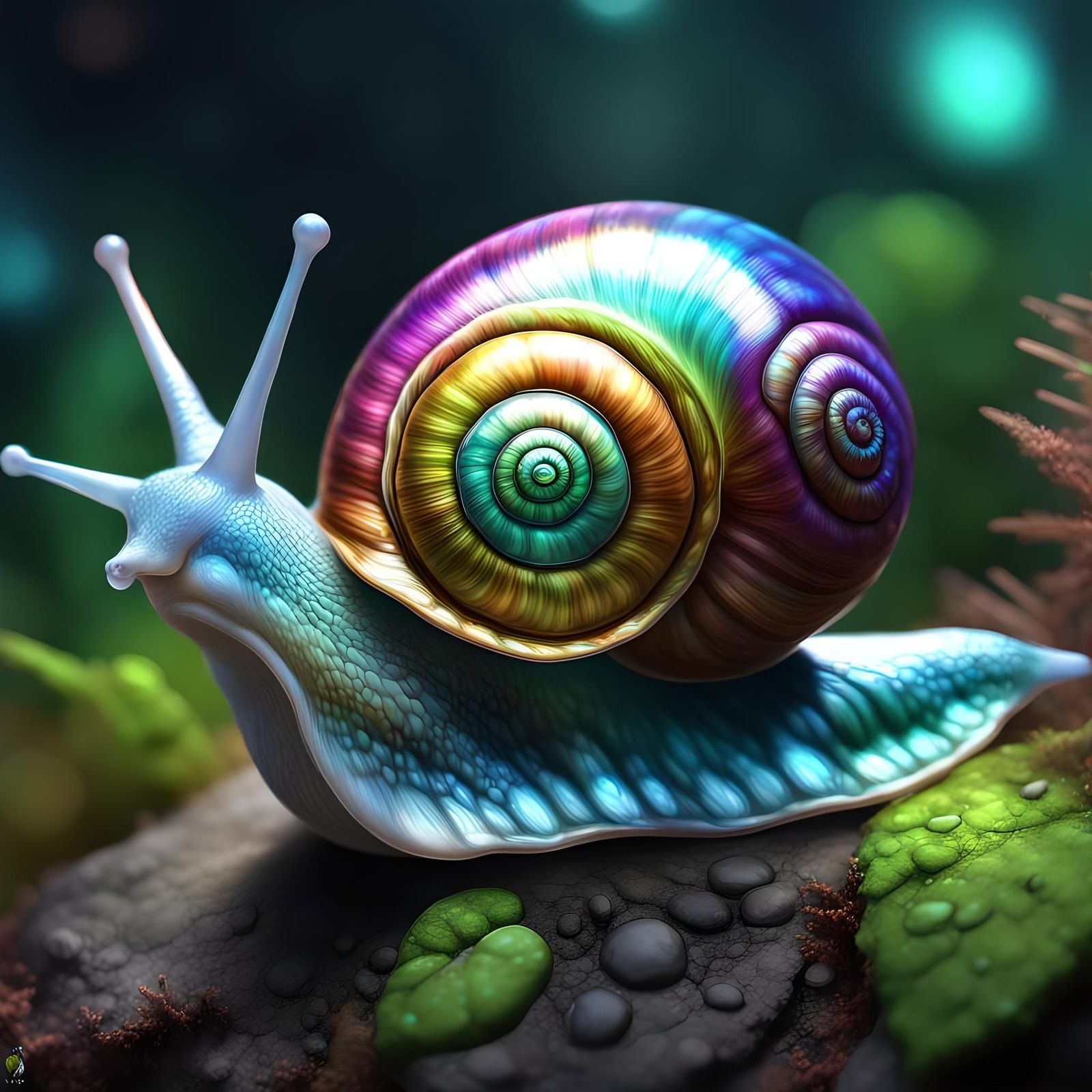 Bioluminescent Chrome Snail in Magical Forest