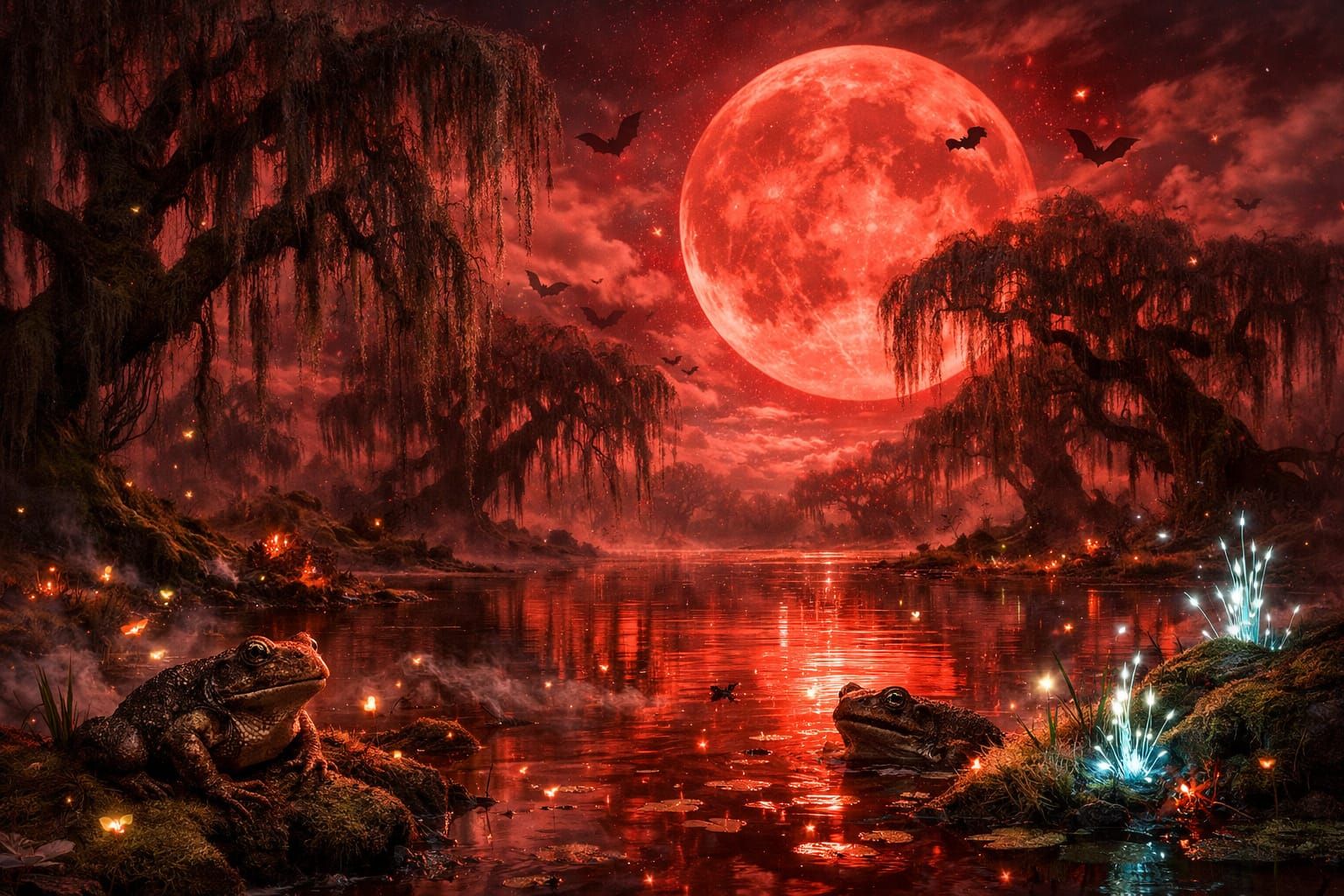 Gigantic Red Moon Over Mystical Swamp Landscape