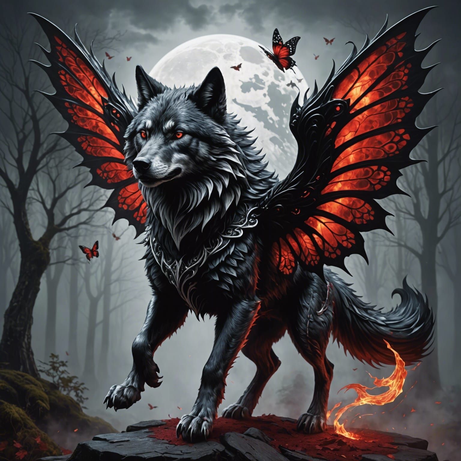 Flying Black and Silver Wolf with Dragon Wings