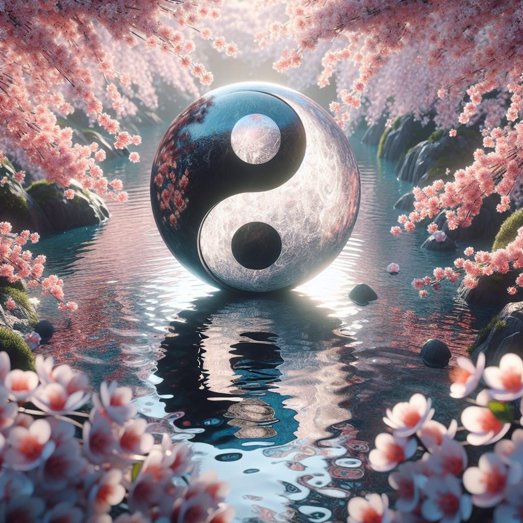 Yin Yang Symbol in Cherry Blossom Pond