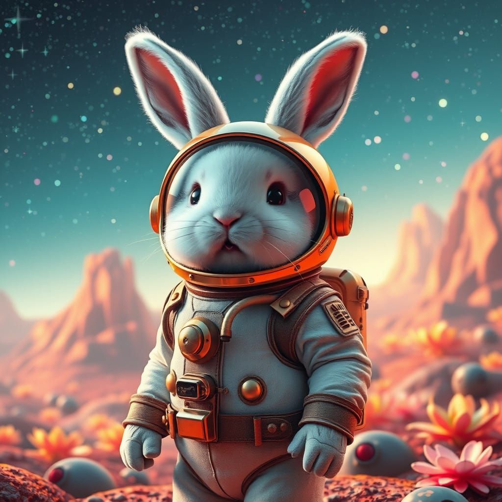 Astronaut Rabbit Surveys Vibrant Extraterrestrial Planet