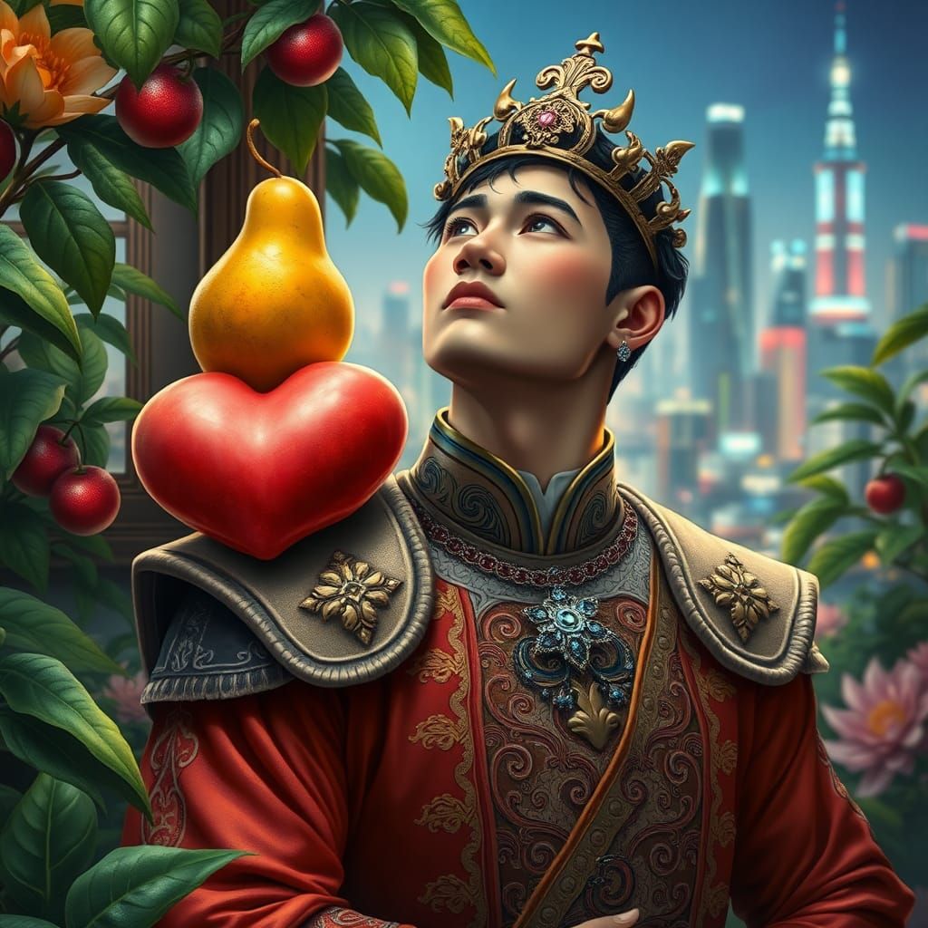 Youthful King in Surrealist Dreamscape with Exotic Fruits