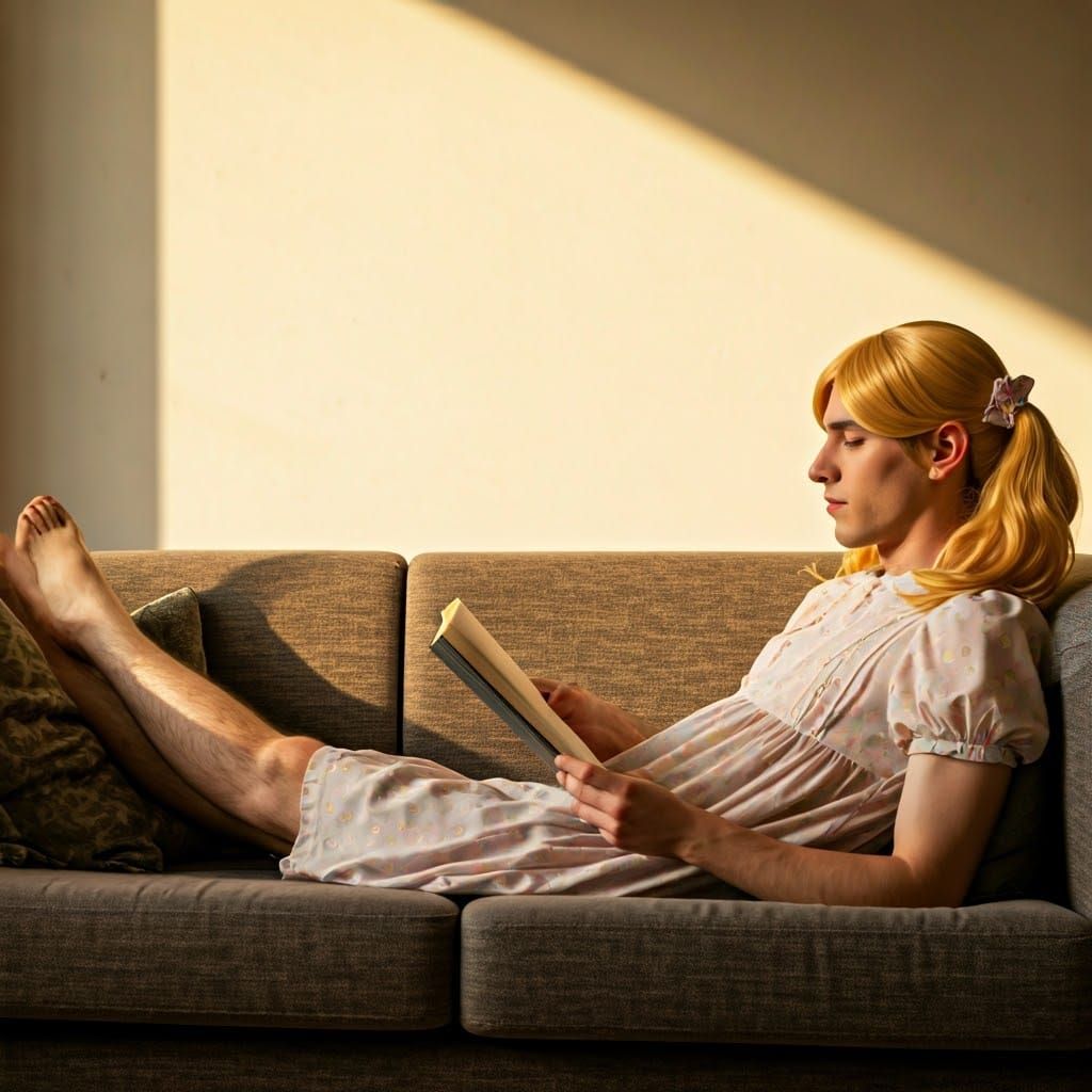 Ethereal Young Man in Babydoll Dress, Lost in Reading