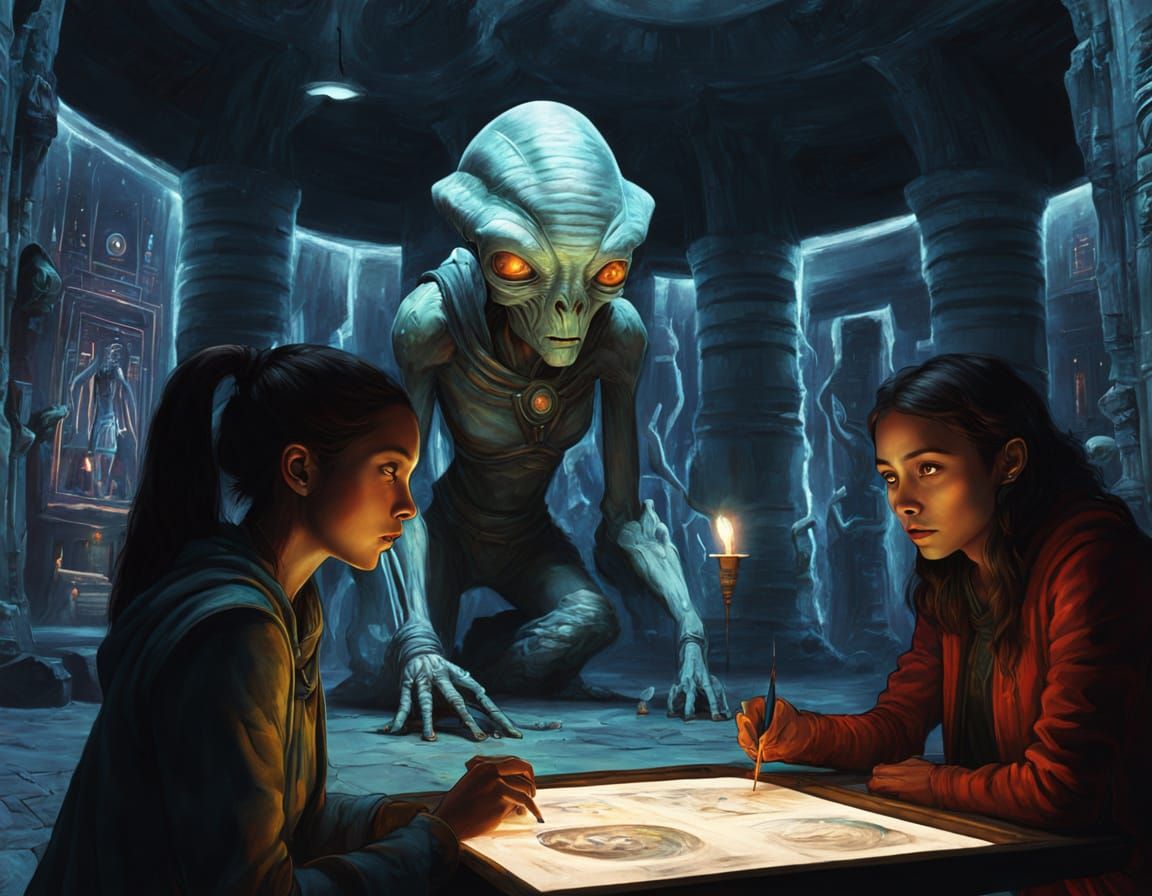 Gray Skinned Alien Goddess in Ancient Temple, Vibrant Digita...