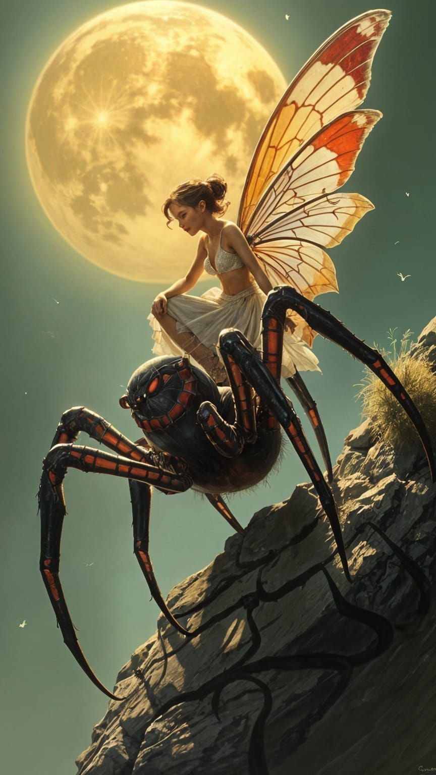 Fairy Riding Spider in a Classic Fantasy Style