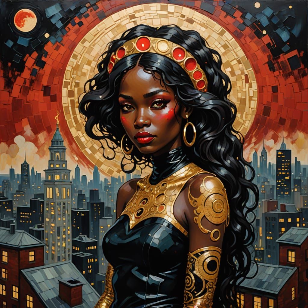 Whimsical Girl with Moon Halo on Skyscraper Roof