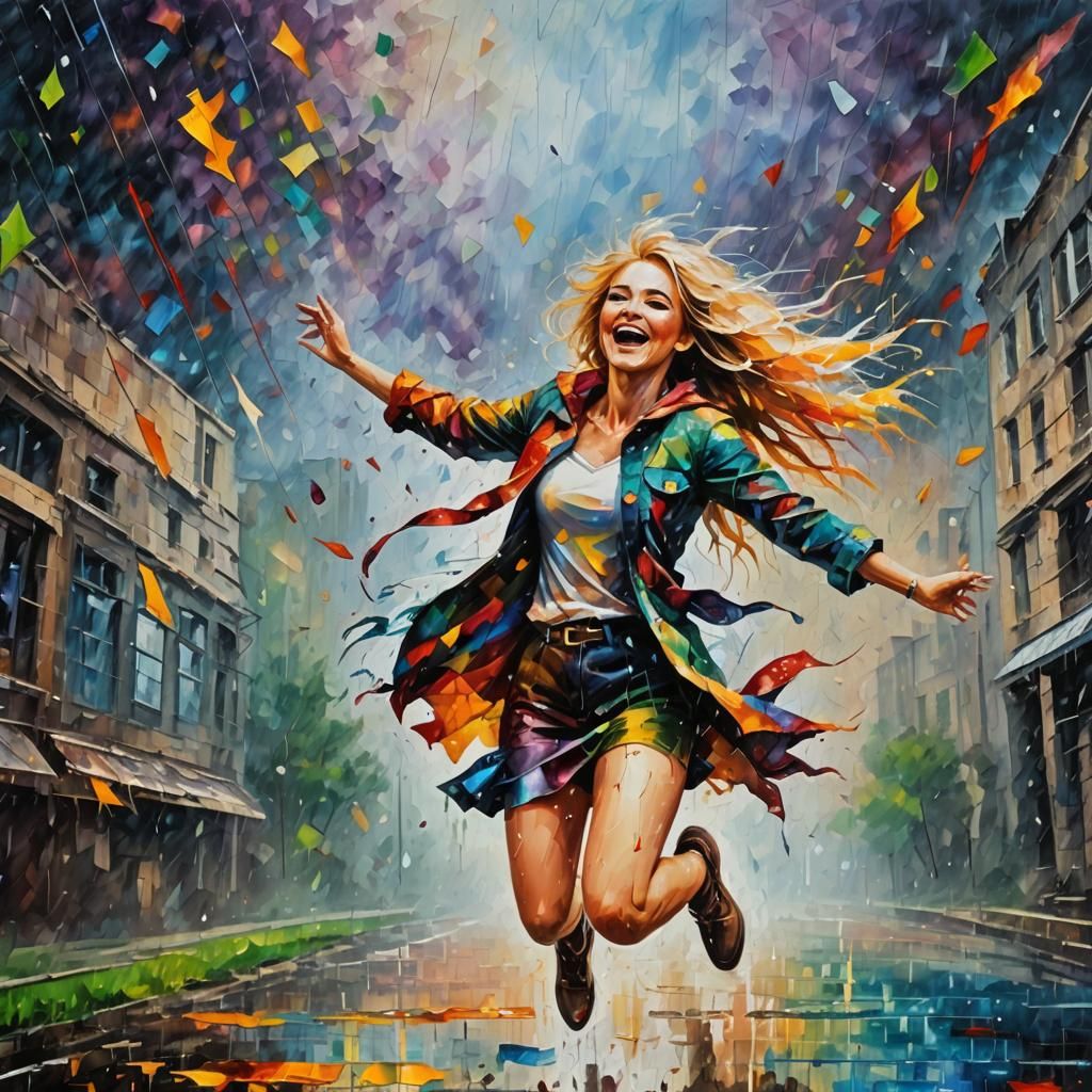 Joyful Blondie Girl Jumping in Rainy Post-Apocalypse