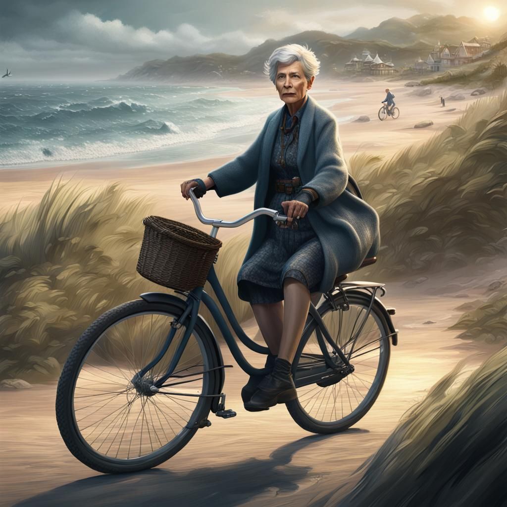 Woman on Bicycle at Beach: Detailed Fantasy Art