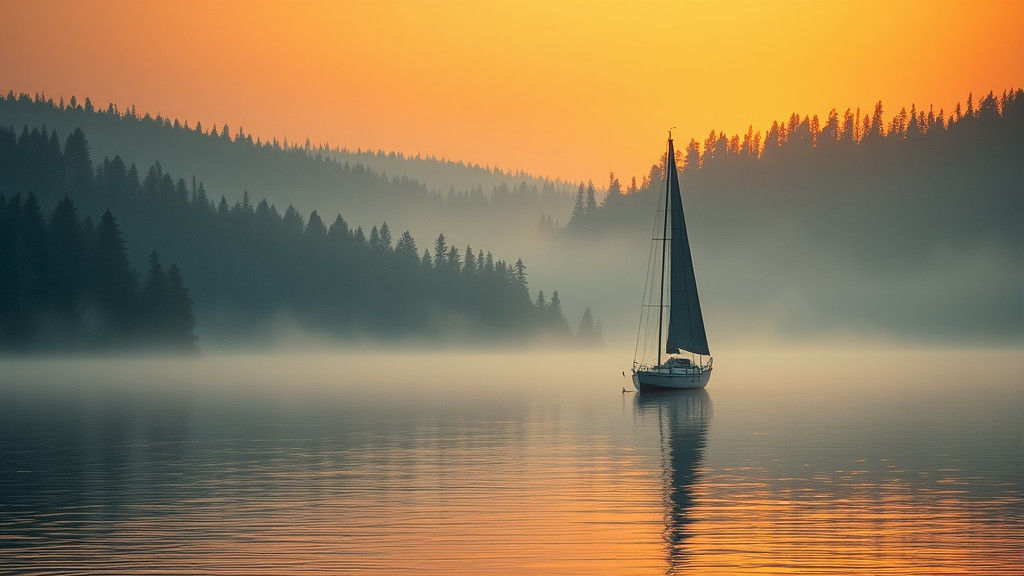 Sailboat on Misty Lake at Sunset