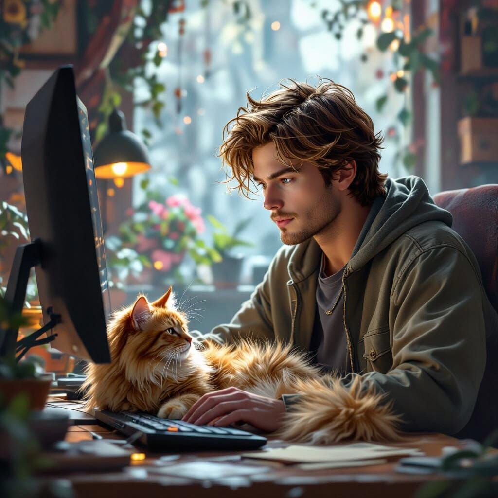 Man Pets Cat at Computer in Fantasy Matte Painting
