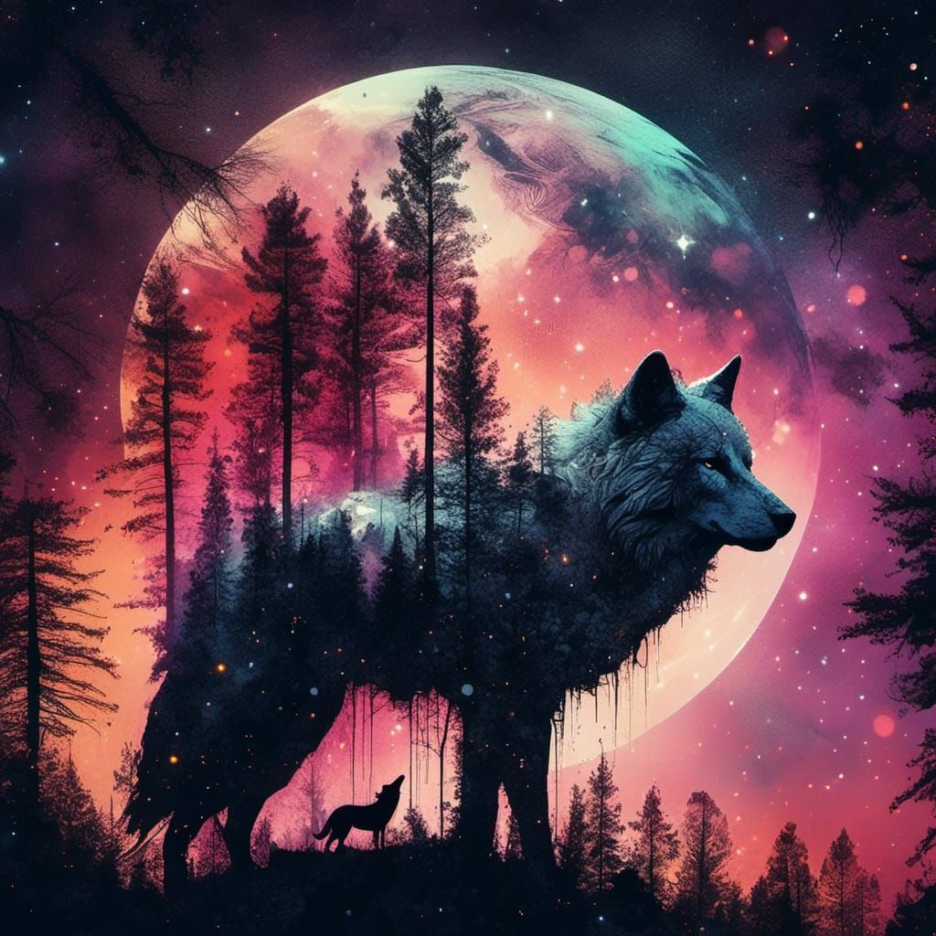 Wolf Silhouette Double Exposure in Vaporwave Style