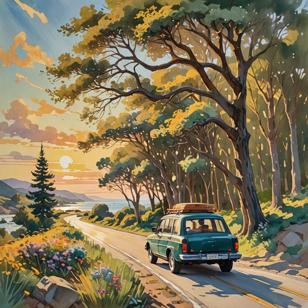 Coastal Family Road Trip in Impressionist Style
