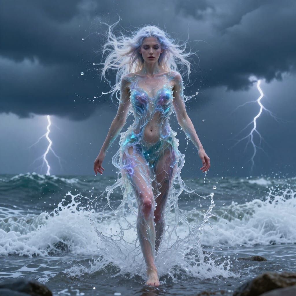Powerful Water Elemental Walking Ashore in Stormy Seas