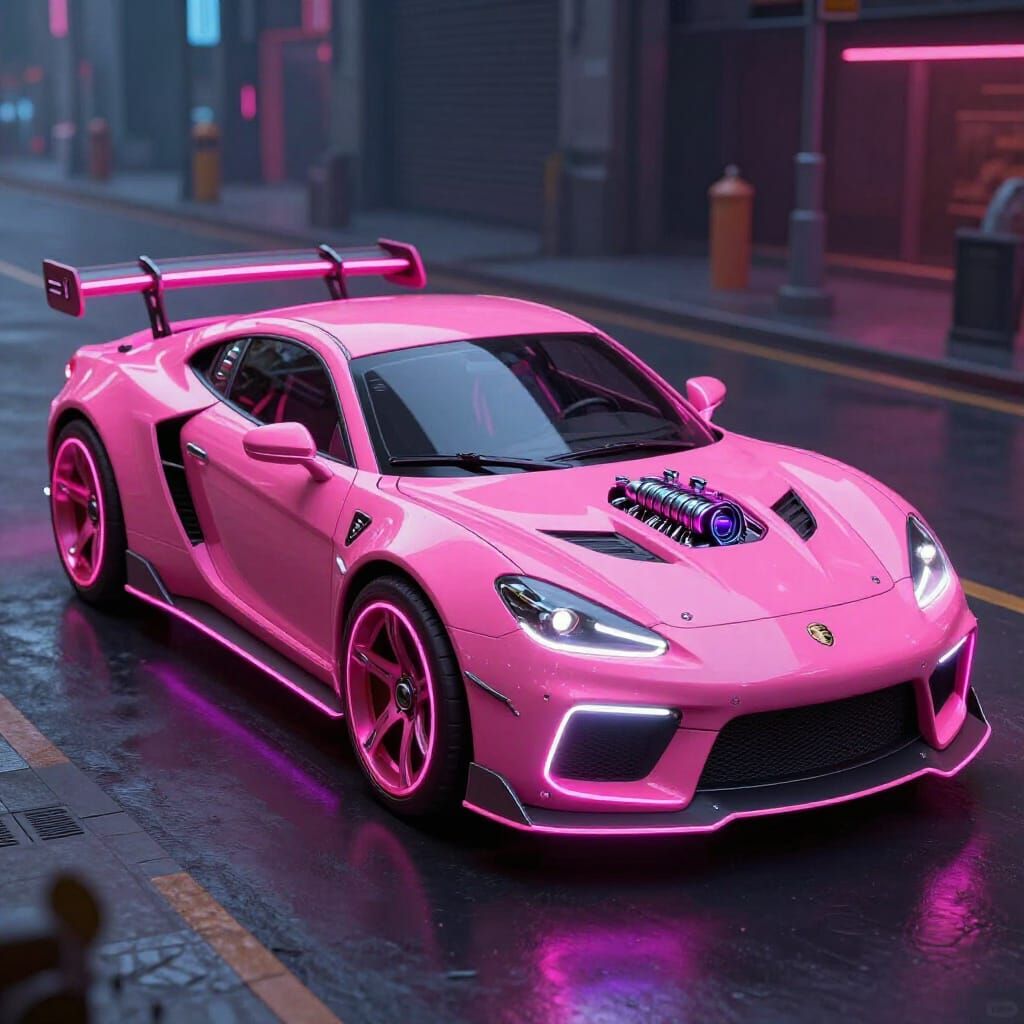 Cyberpunk Pink Time Machine Car with Neon Glow