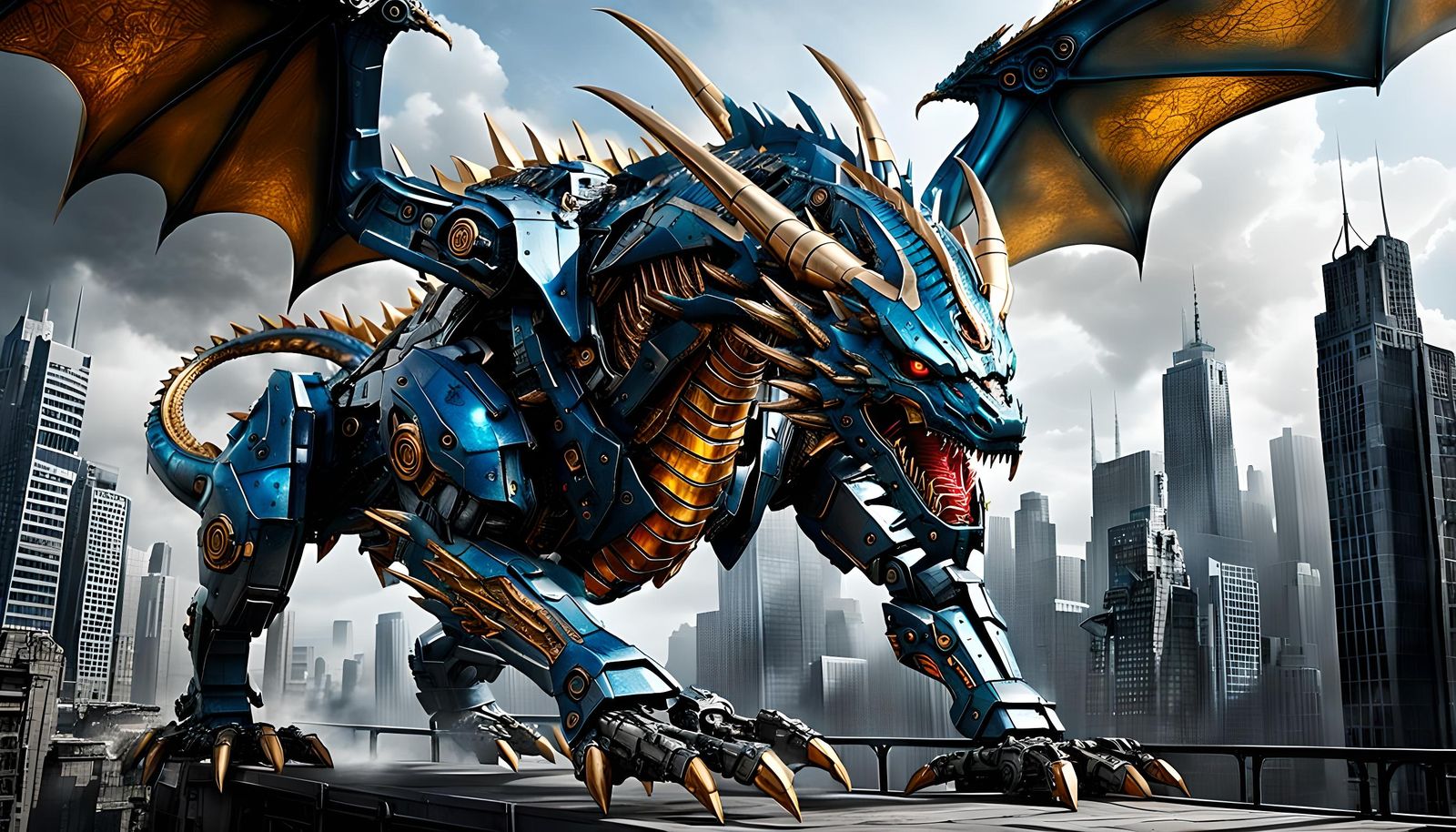 Mechanized Dragon Soars Over Ruined City