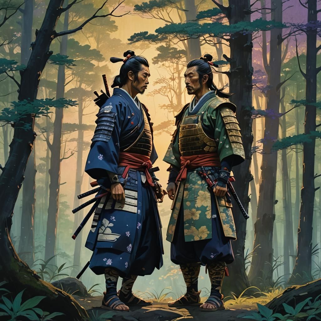 Samurai in Mystical Forest: Ukiyo-e Style