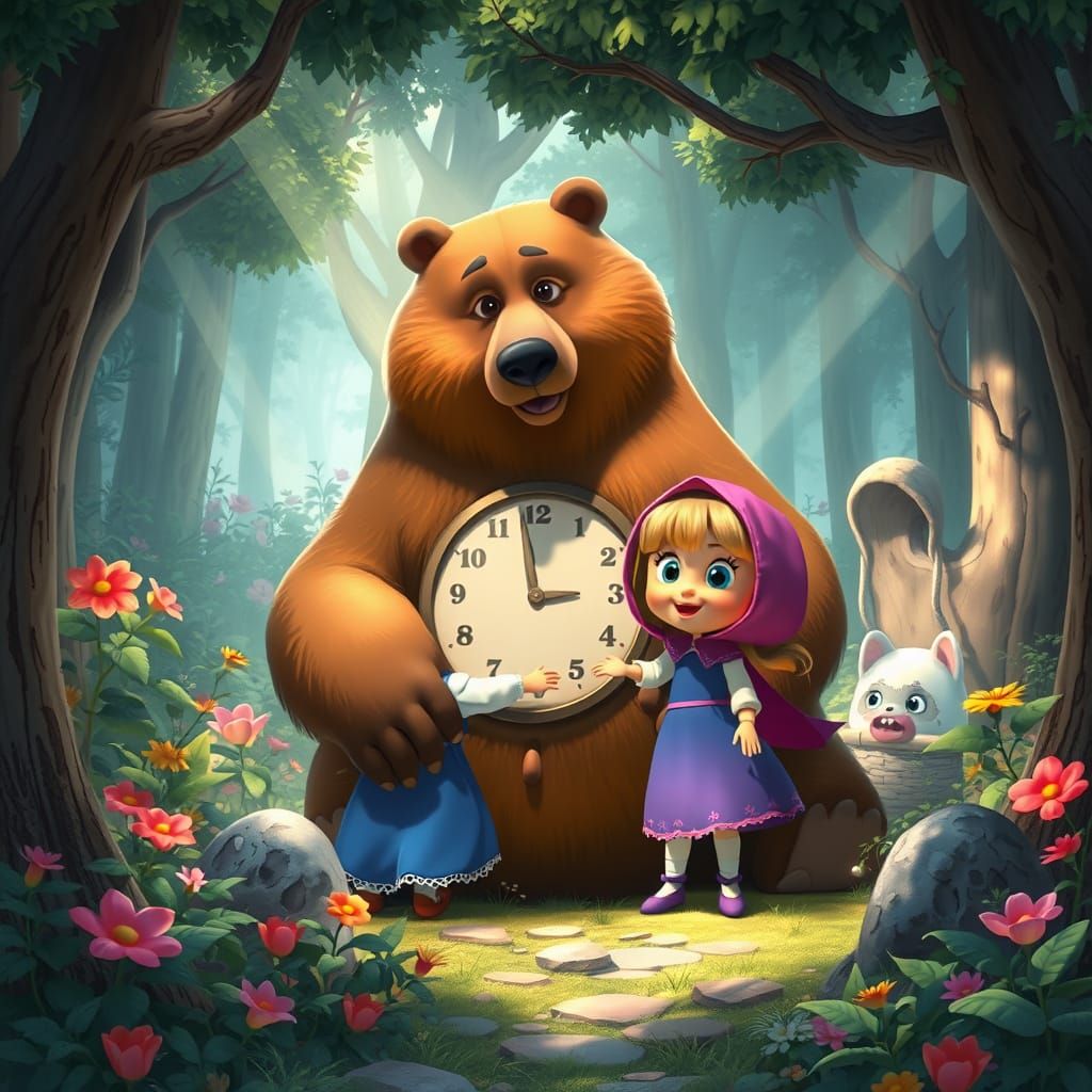 Masha and Bear in Surreal Forest Clearing