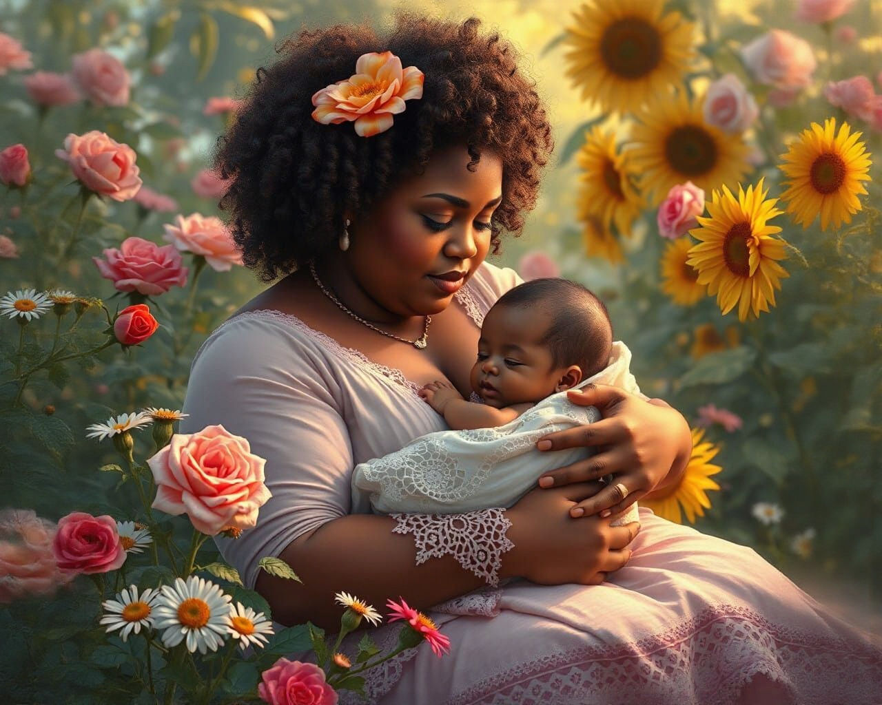 African American Mother and Child in a Vibrant Garden Scene