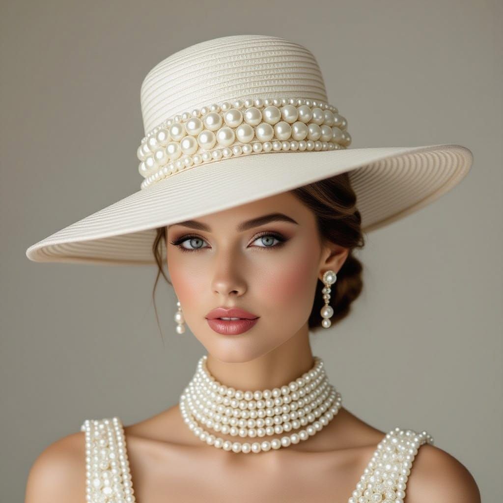 Elegant Pearl Hat and Dress Ensemble