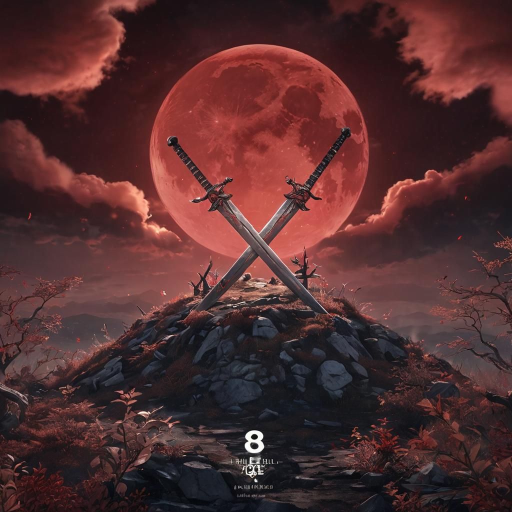 Hilltop Swords Under Blood Moon in Anime Style