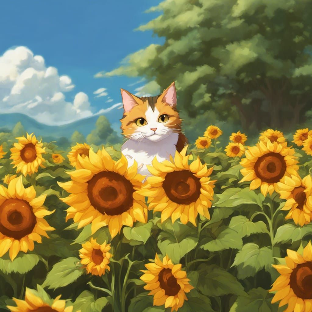 Calico Cat in Sunflower Field, Ghibli Anime Style