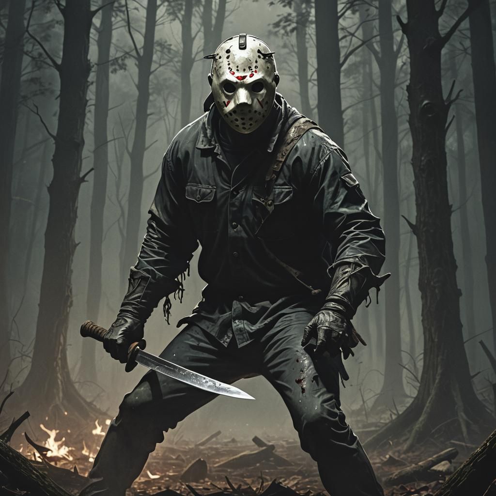 Jason Voorhees in Ominous Forest: Digital Horror Art