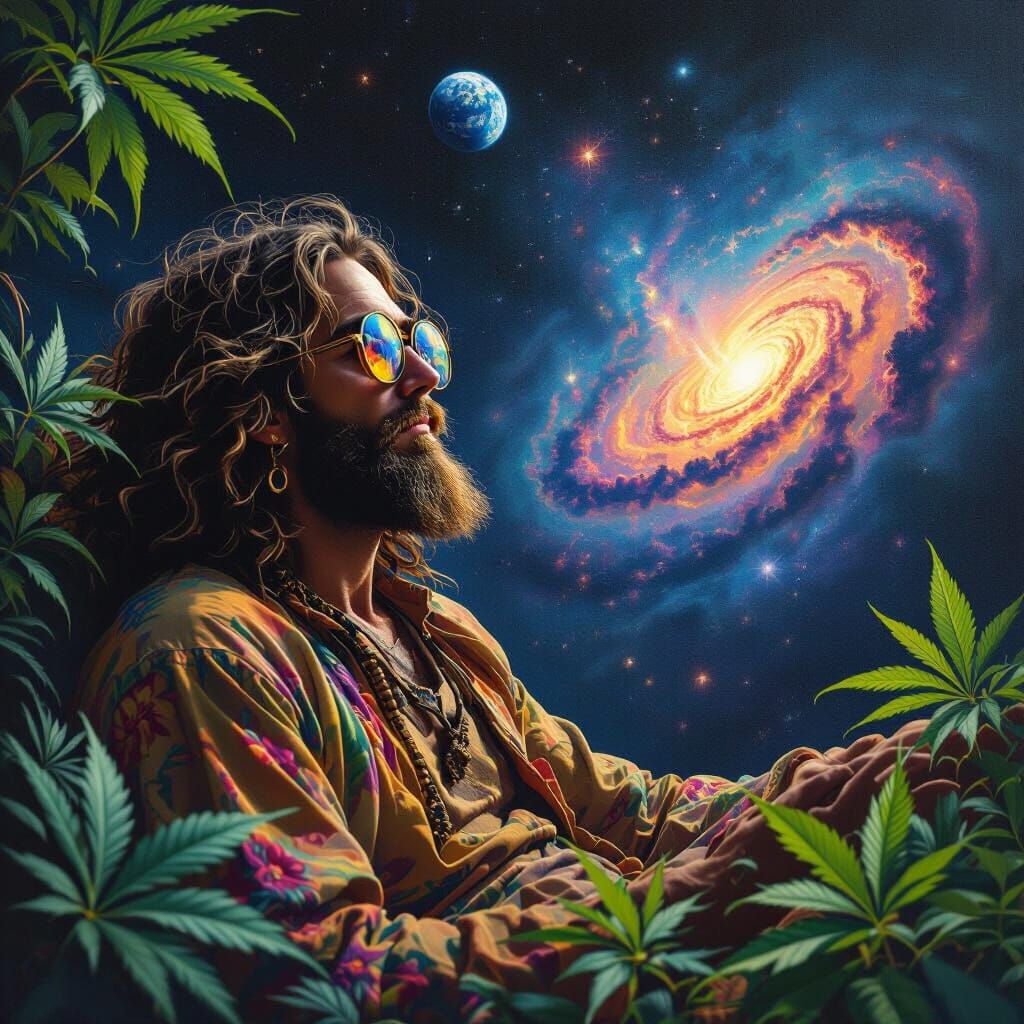 Hippie Gazing at Nebula in Hyperrealistic Space Art