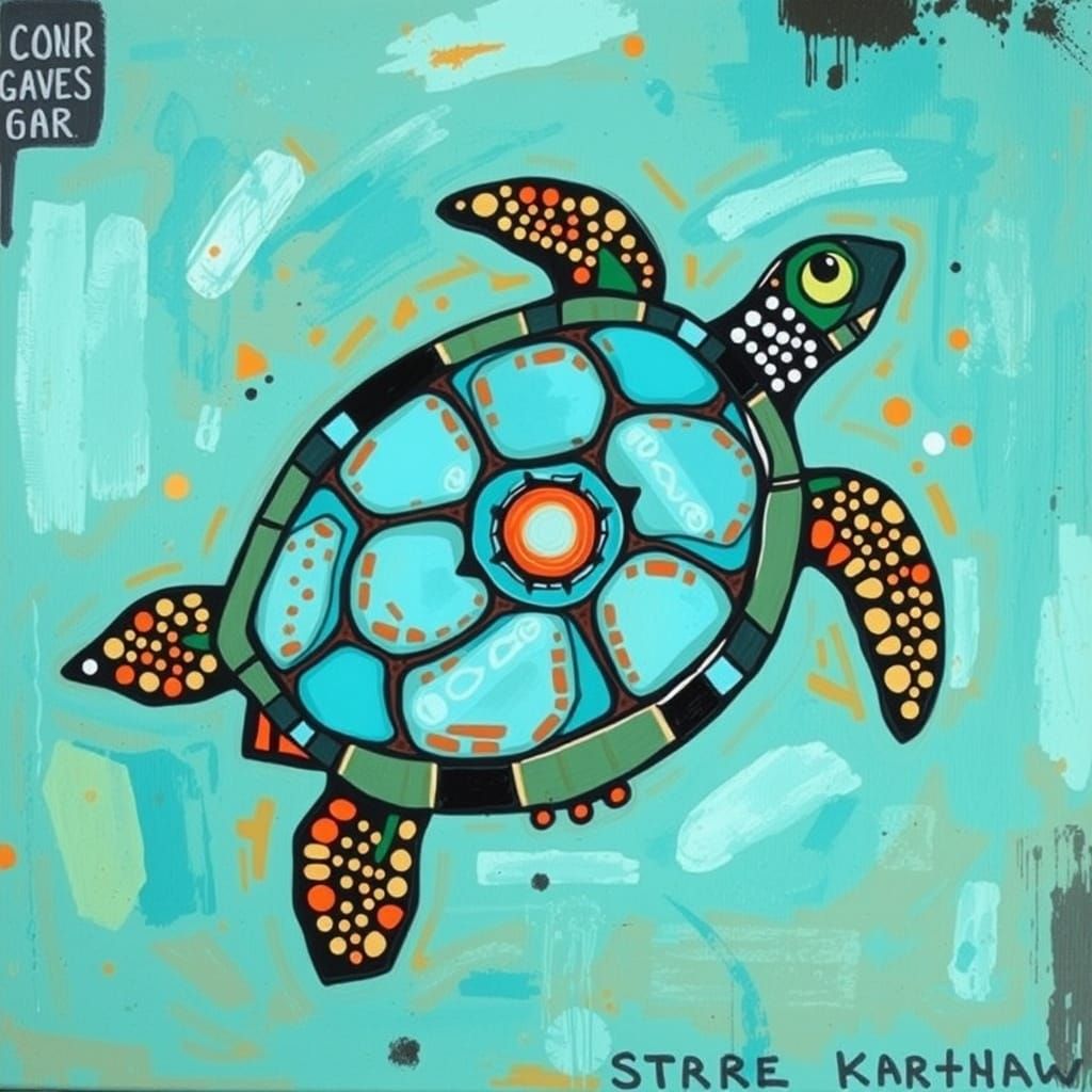 Navajo Inspired Turquoise Turtle Abstract Painting