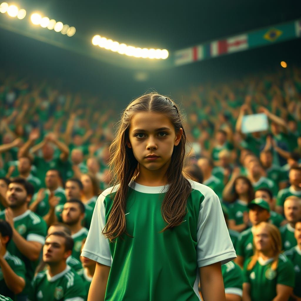 Serious Girl Amidst Football Stadium Euphoria in Cinematic S...